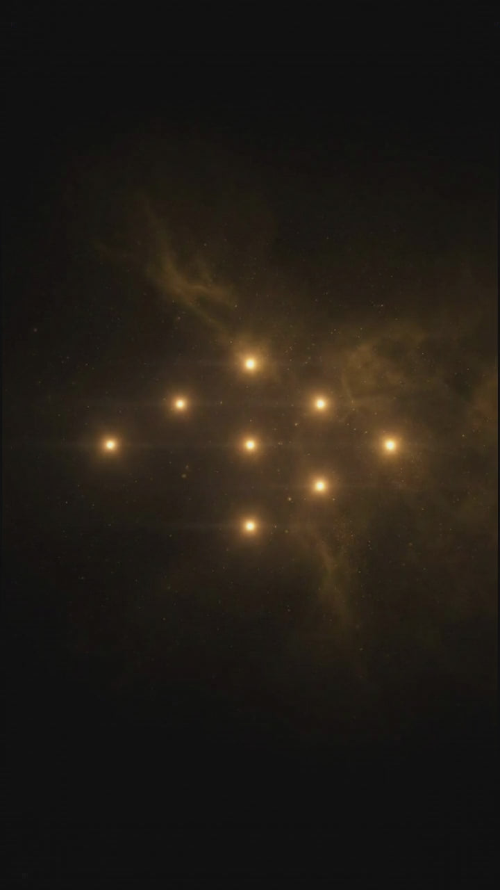 Seven golden lights appearing in a dark celestial scene for the Seven Who Stand podcast intro.